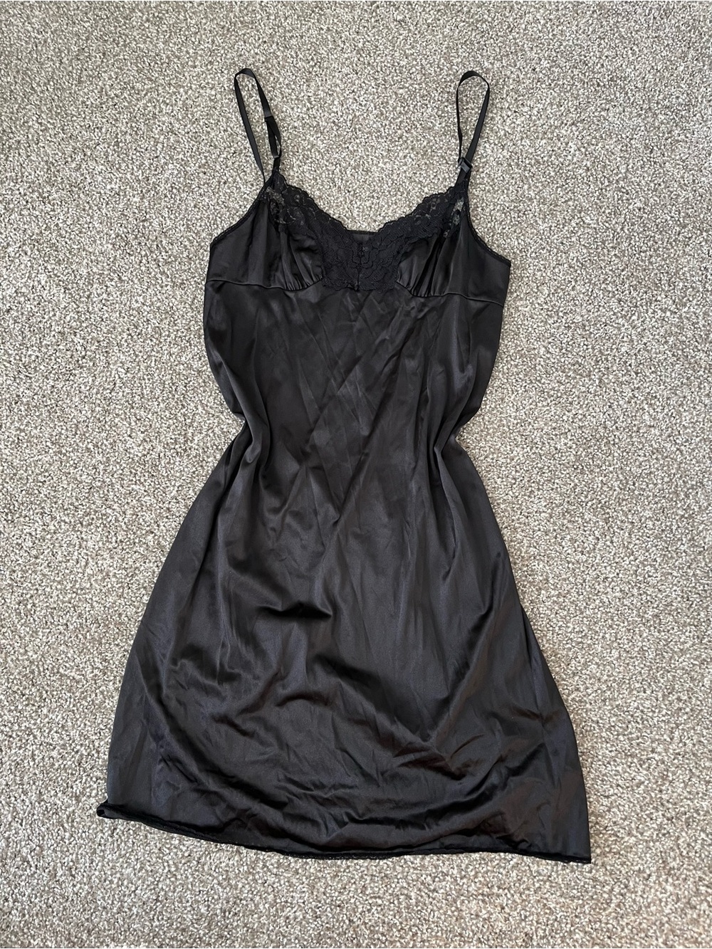 VTG Vassarette Black Satin and Lace Slip Nightgown Sleepwear Dress